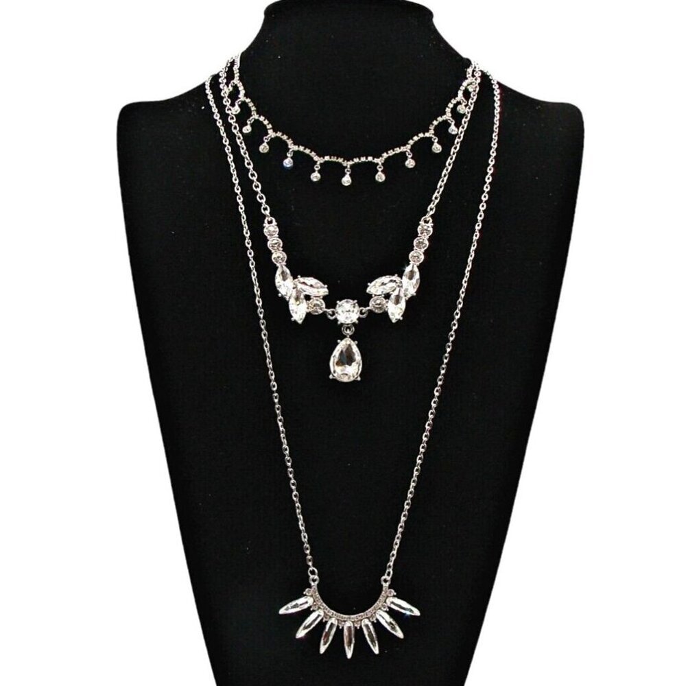 Lot of 3 Rhinestone Necklaces Assorted Sizes Styles Silver Tone Choker Long Med